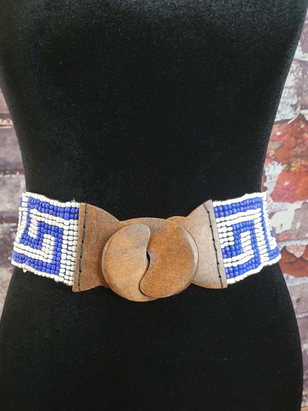 Artisan Crafted Beaded Stretch Belt With Wooden Buckle